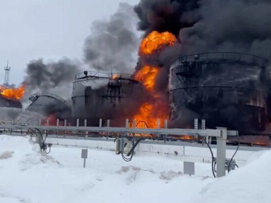 Nevsky Mazut oil depot and refinery in St. Petersburg, Russia on fire after being struck by a Ukranian long range drone